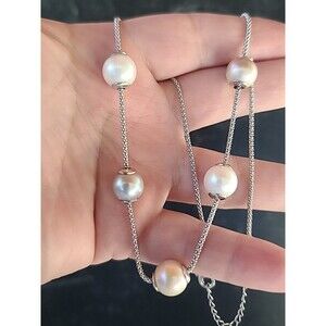 925 Sterling Silver Pearl Station Adjustable Necklace Vintage